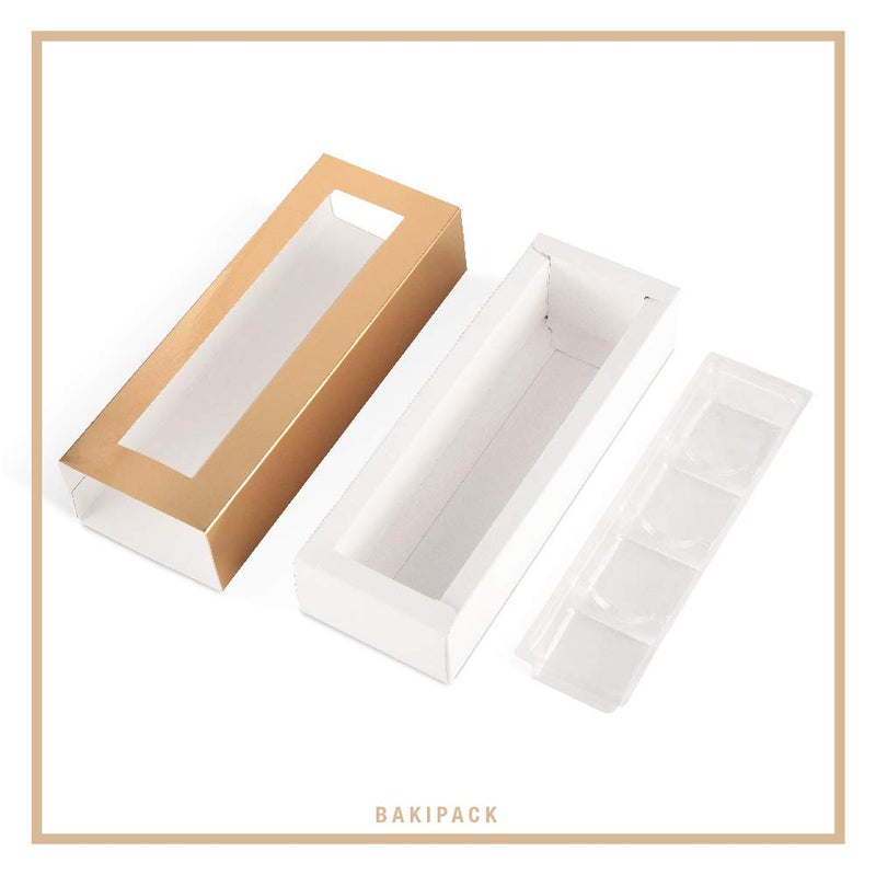 BAKIPACK 20 Truffle Boxes, Chocolate Boxes, Candy Boxes Packaging with 4-Piece Plastics Tray (Tray Size with 5.75x1.25 Inches), Pull Out Packing with Clear Window Sleeves, Gold - Image 5